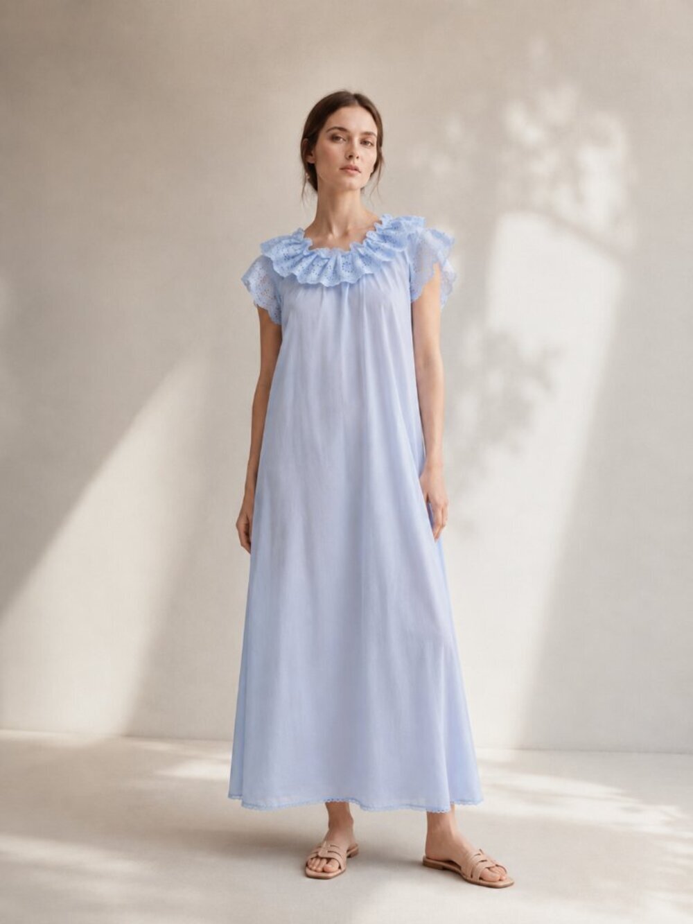 RARE Vintage Christian Dior Mid Century Blue Ruffle Cotton Night Gown